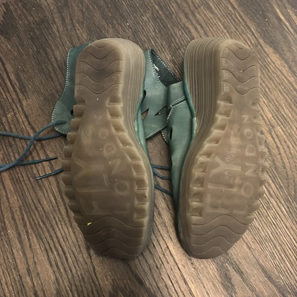 Fly London Teal Green Cutout Lace-Up Wedge Sandals